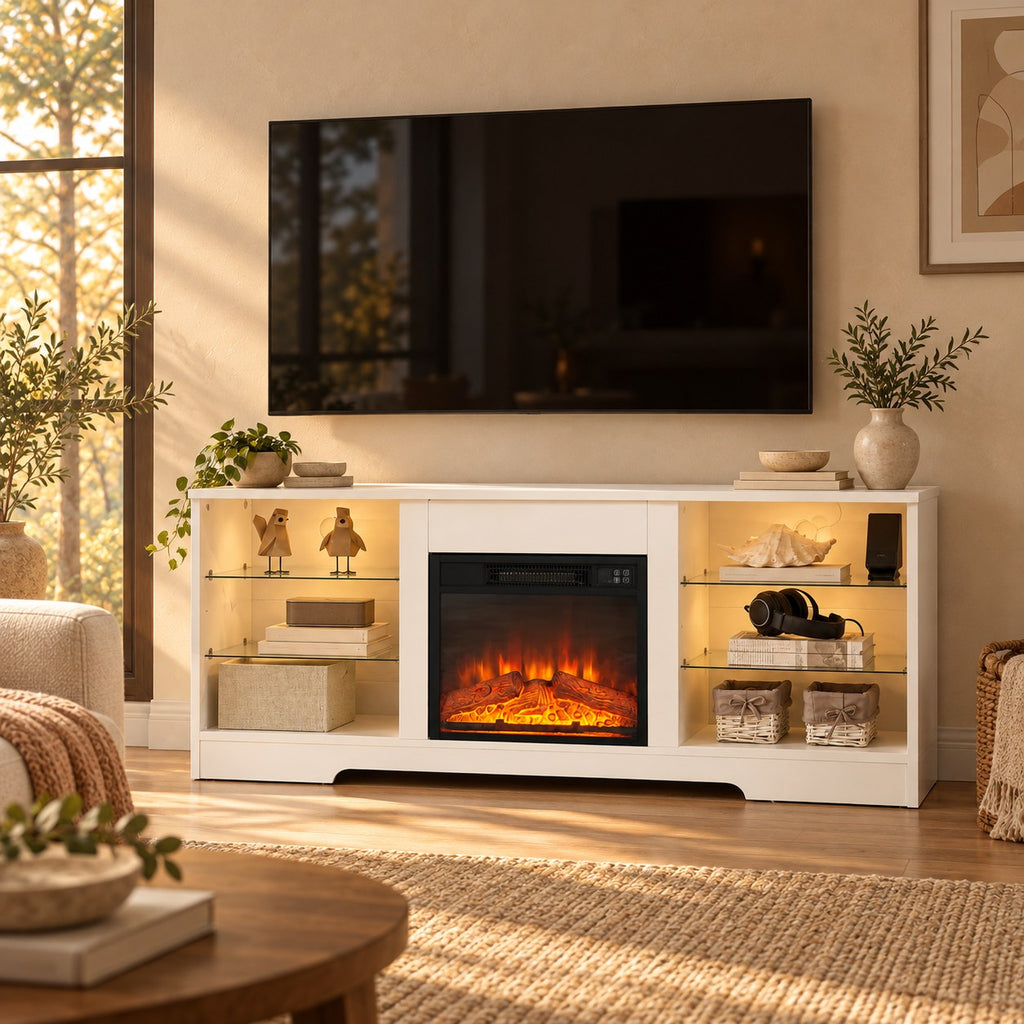 Embra Media Console 58" TV Stand with Electric Fireplace — White