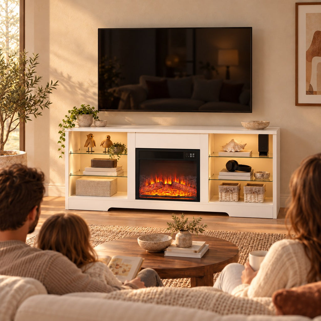 Embra Media Console 58" TV Stand with Electric Fireplace — White