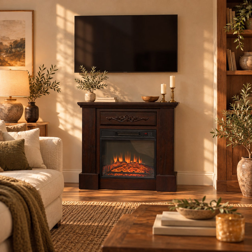 Embra Mantel 32" Freestanding Electric Fireplace — Brown